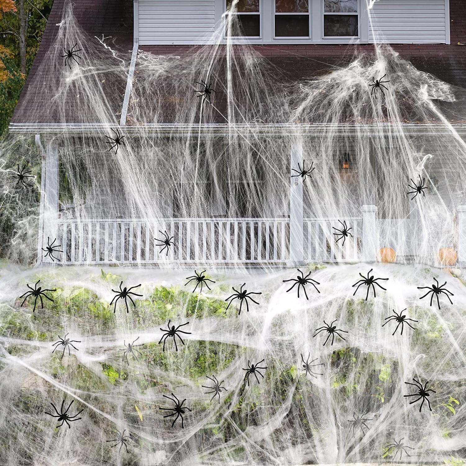 sanjianke-fs 1500FT Halloween Spider Web Decoration, 300g Spooky Stretchable Cobwebs with 60pcs Plastic Fake Spiders Halloween Decor,Hocus Pocus Halloween Props For Door Yard Home Garden Party-0