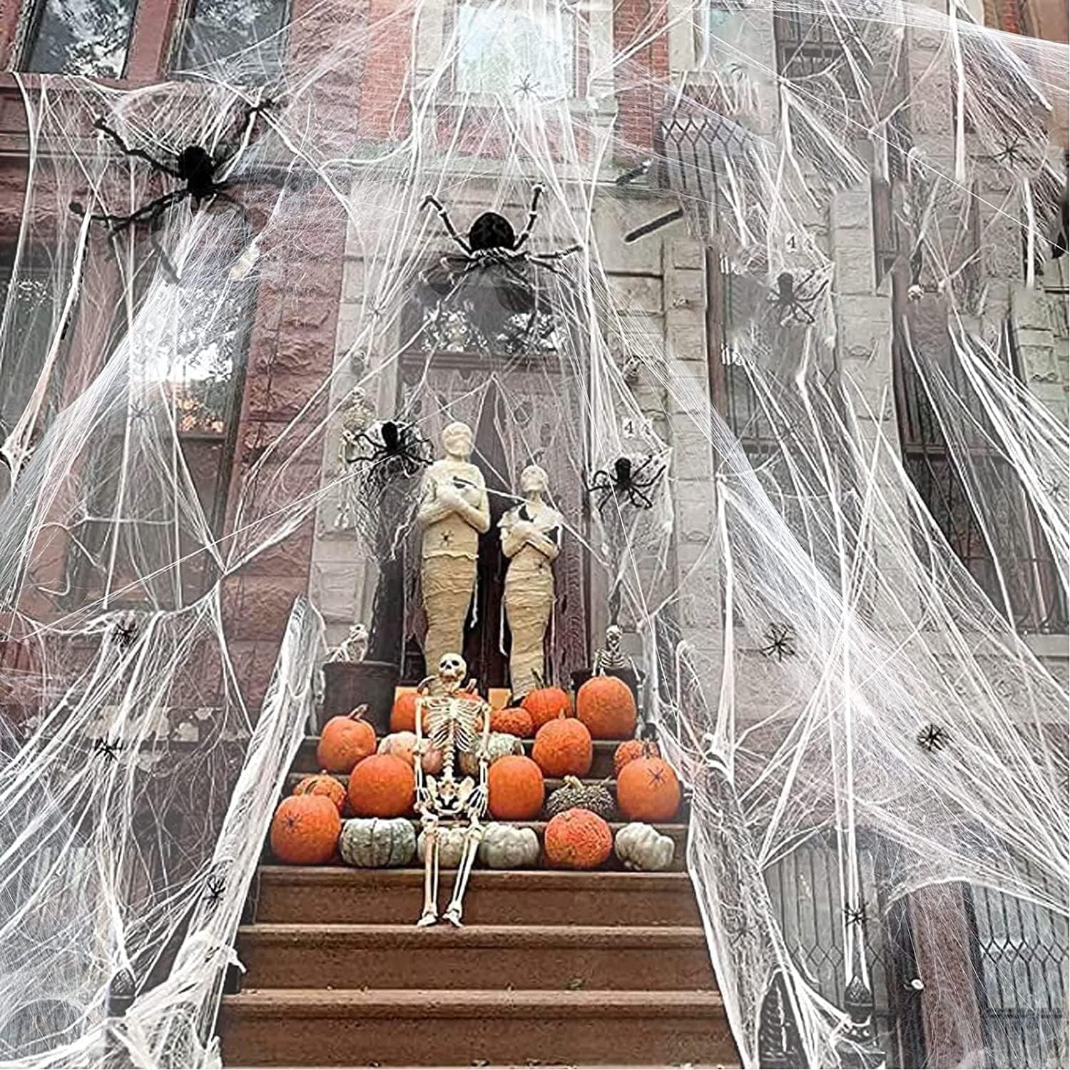 sanjianke-fs 1500FT Halloween Spider Web Decoration, 300g Spooky Stretchable Cobwebs with 60pcs Plastic Fake Spiders Halloween Decor,Hocus Pocus Halloween Props For Door Yard Home Garden Party-1