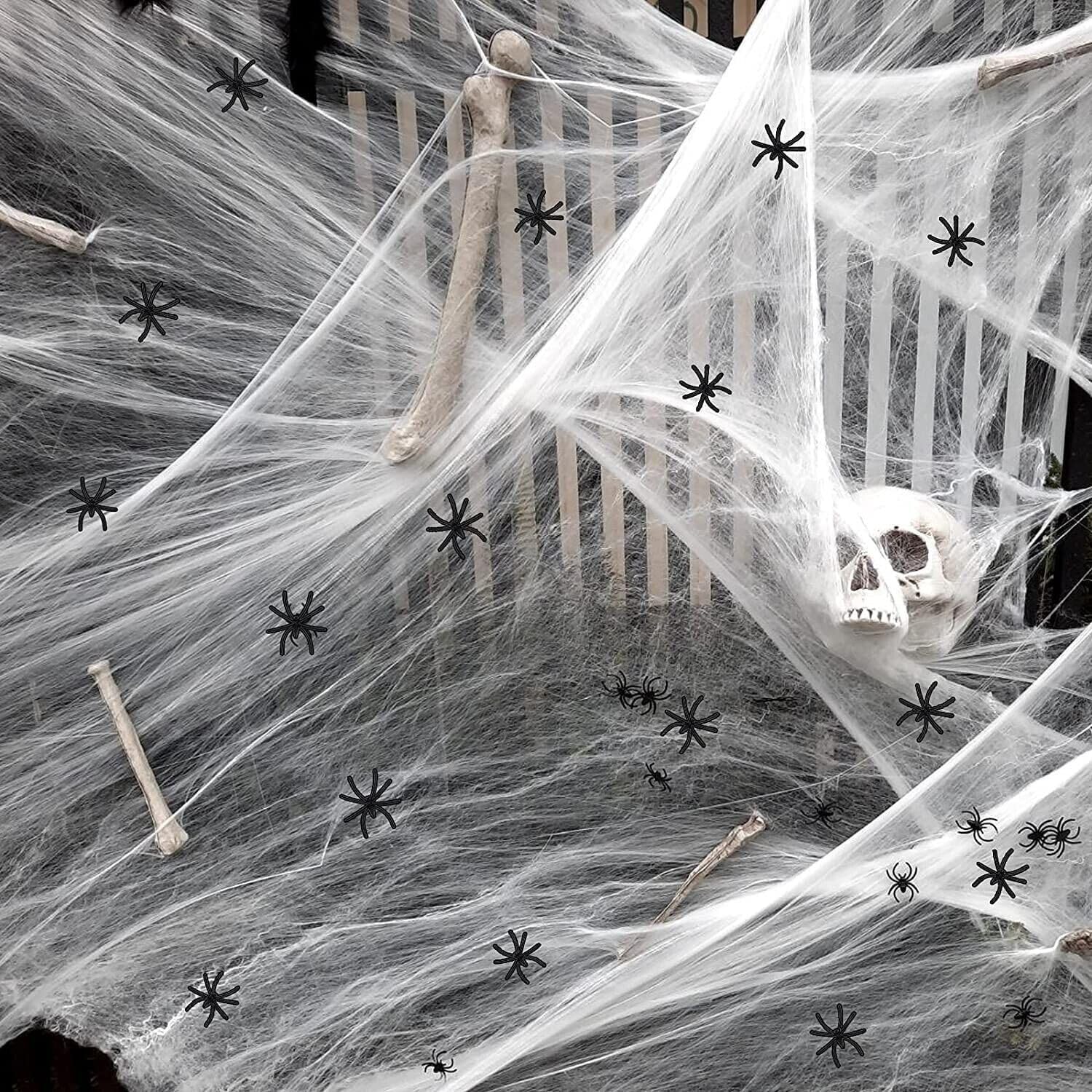 sanjianke-fs 1500FT Halloween Spider Web Decoration, 300g Spooky Stretchable Cobwebs with 60pcs Plastic Fake Spiders Halloween Decor,Hocus Pocus Halloween Props For Door Yard Home Garden Party-4