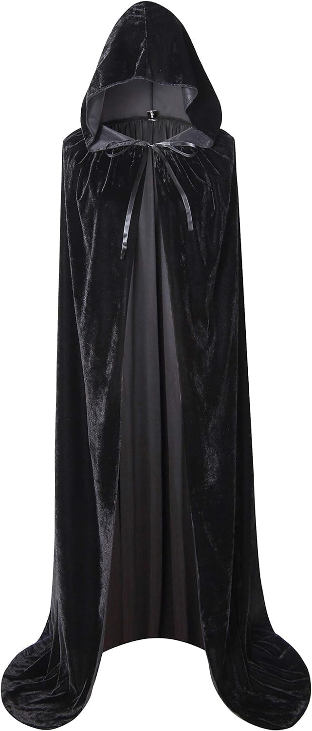 Full Length Hooded Velvet Cloak Men Women Velvet Fancy Cape Full Length Vampire Devil Wizard Witch Grim Reaper Cloaks for Halloween Christmas Fancy Cape Costumes 67" Black-3