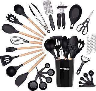 Kitchen Non Stick Cooking Utensils Set – Heat Resistant Silicone Utensils with Wooden Handle – Ladles, Spoons and Spatulas Set – Kitchen Tools & Accessories – 35pcs, Black – by Nuovva