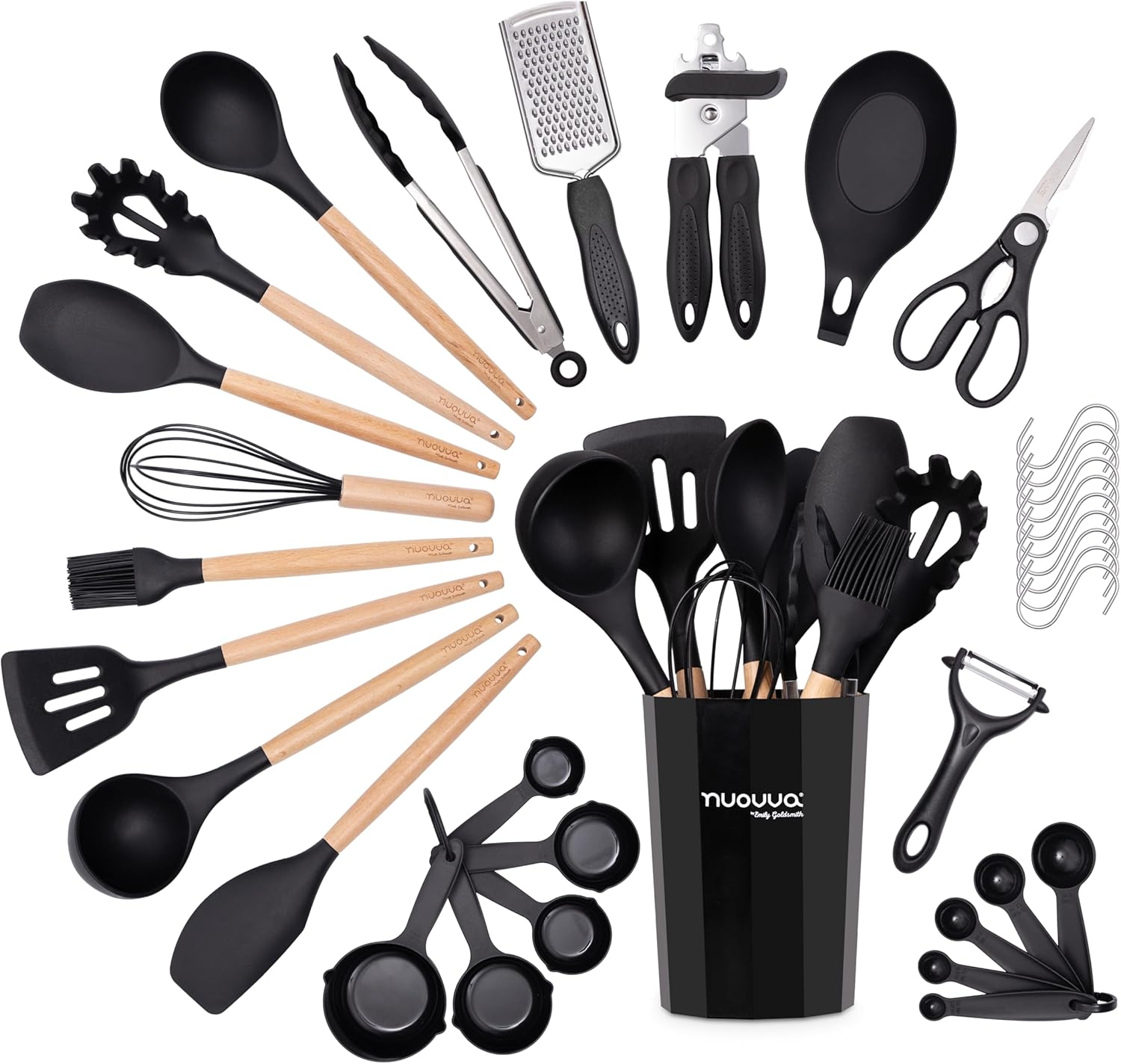 Kitchen Non Stick Cooking Utensils Set – Heat Resistant Silicone Utensils with Wooden Handle – Ladles, Spoons and Spatulas Set – Kitchen Tools & Accessories – 35pcs, Black – by Nuovva-0