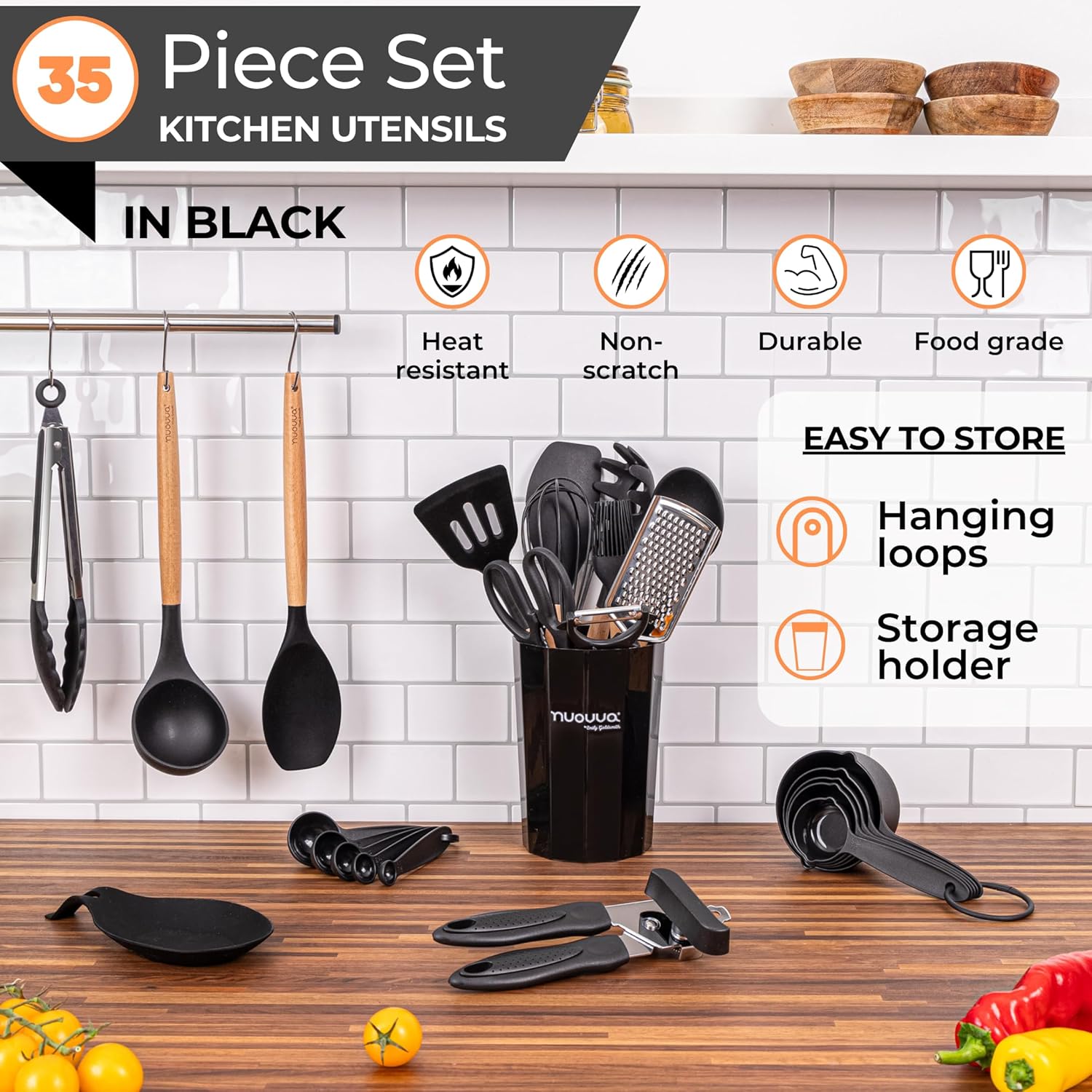 Kitchen Non Stick Cooking Utensils Set – Heat Resistant Silicone Utensils with Wooden Handle – Ladles, Spoons and Spatulas Set – Kitchen Tools & Accessories – 35pcs, Black – by Nuovva-1