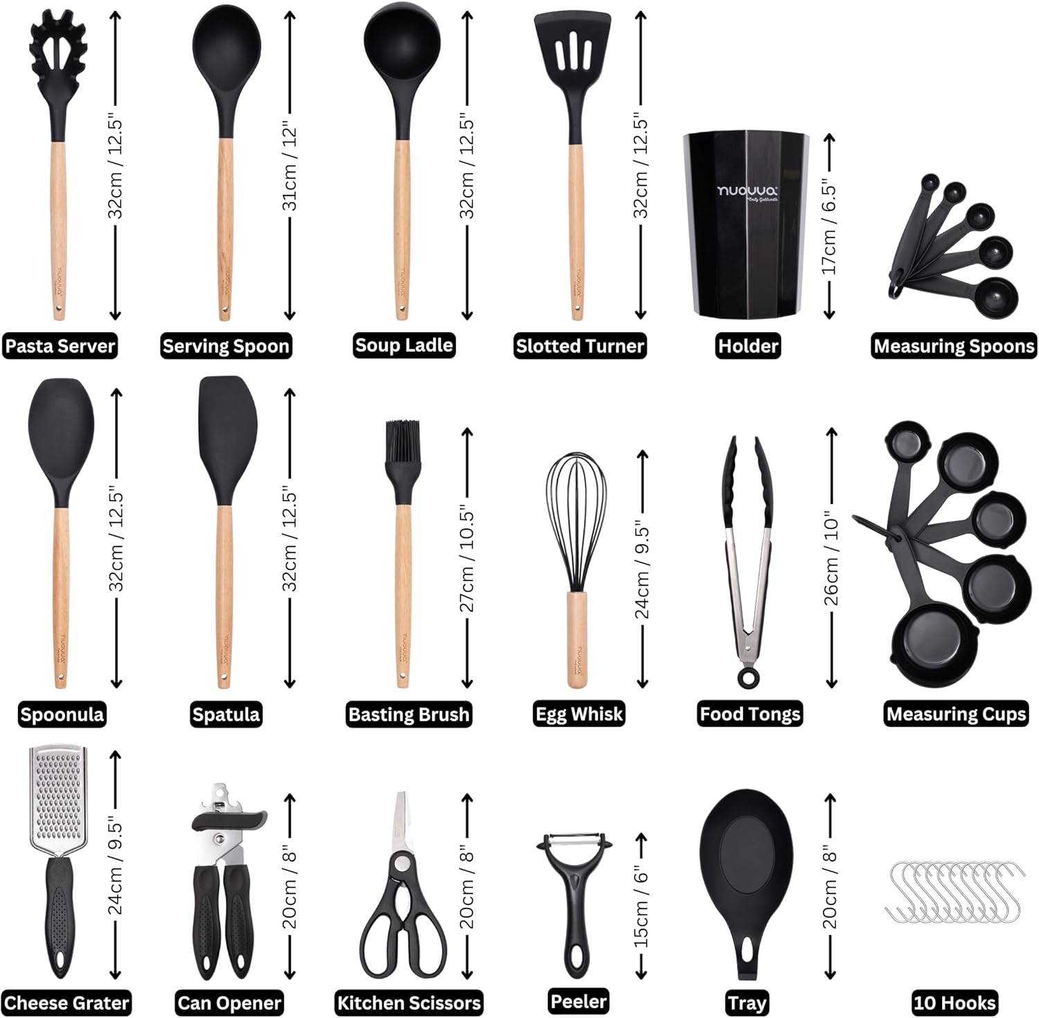 Kitchen Non Stick Cooking Utensils Set – Heat Resistant Silicone Utensils with Wooden Handle – Ladles, Spoons and Spatulas Set – Kitchen Tools & Accessories – 35pcs, Black – by Nuovva-2