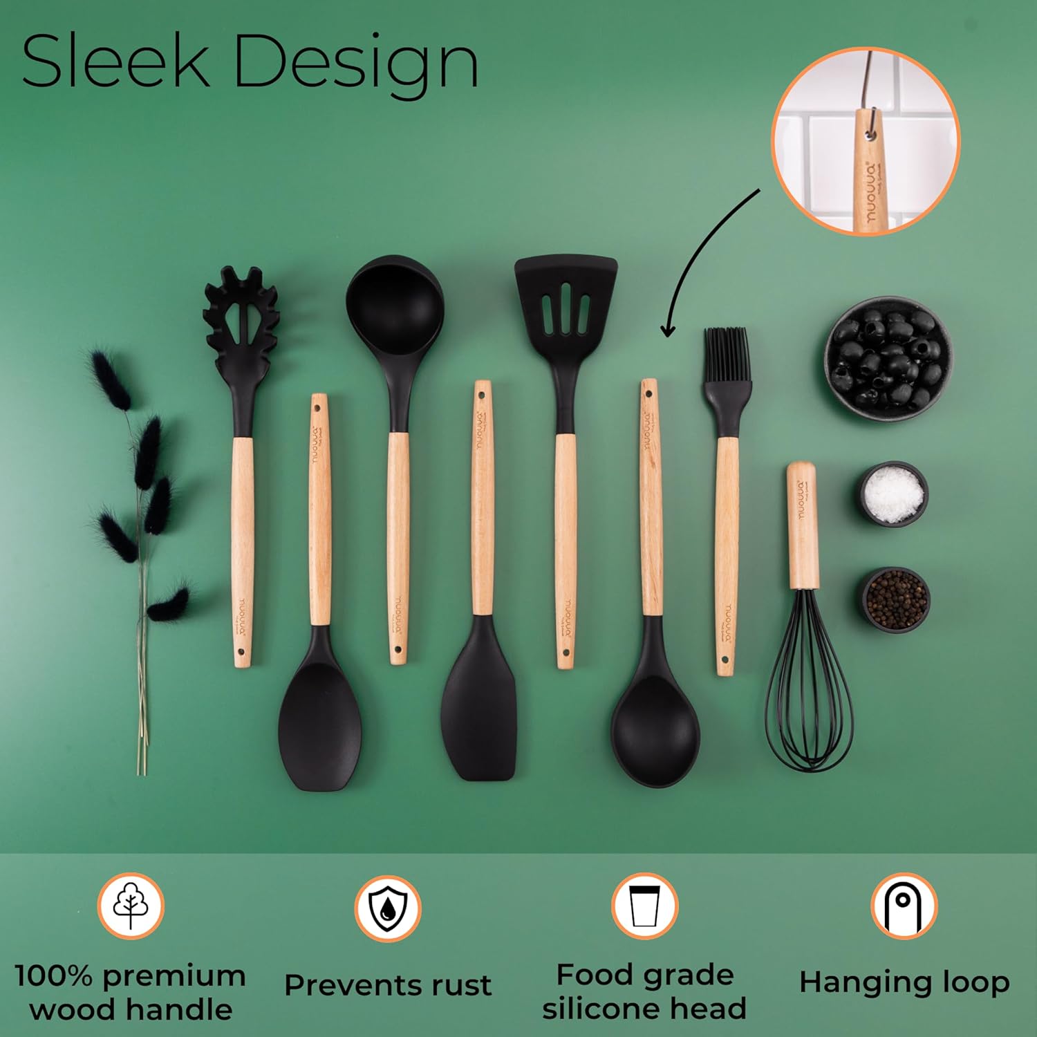 Kitchen Non Stick Cooking Utensils Set – Heat Resistant Silicone Utensils with Wooden Handle – Ladles, Spoons and Spatulas Set – Kitchen Tools & Accessories – 35pcs, Black – by Nuovva-5