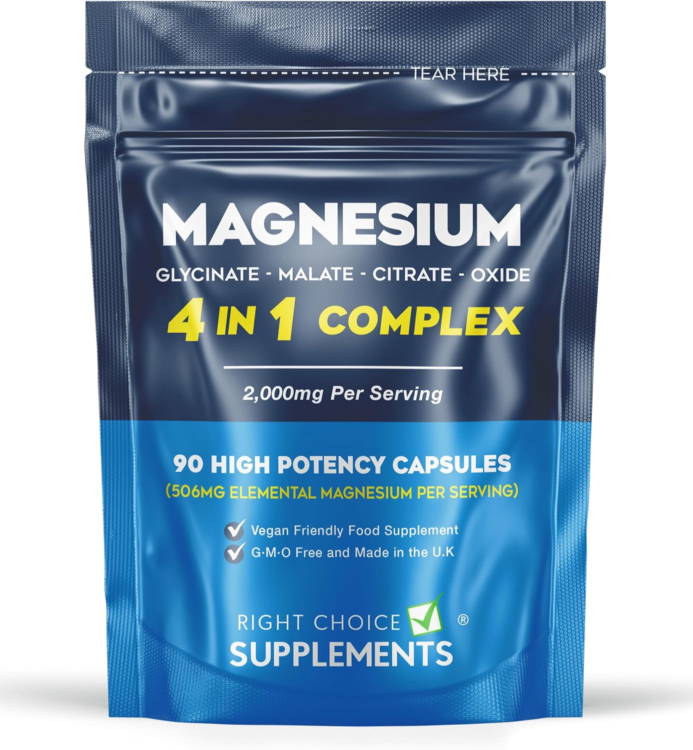 Magnesium Glycinate 4 in 1 Complex - 2000mg Bisglycinate, Malate, Citrate & Oxide Supplements - 90 High Potency Vegan Capsules Providing 506 Elemental Magnesium Per Serving - UK Made-0