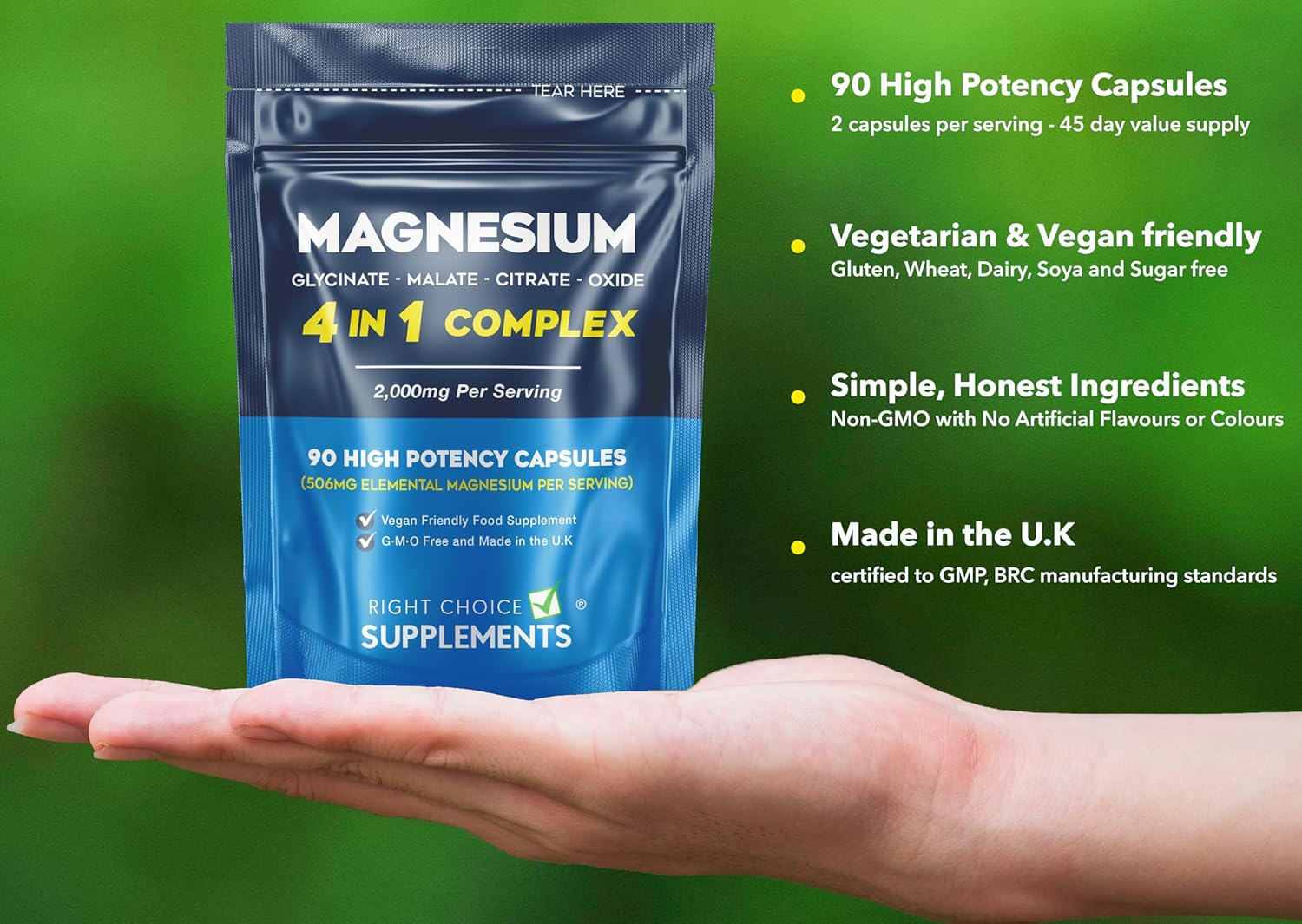 Magnesium Glycinate 4 in 1 Complex - 2000mg Bisglycinate, Malate, Citrate & Oxide Supplements - 90 High Potency Vegan Capsules Providing 506 Elemental Magnesium Per Serving - UK Made-2