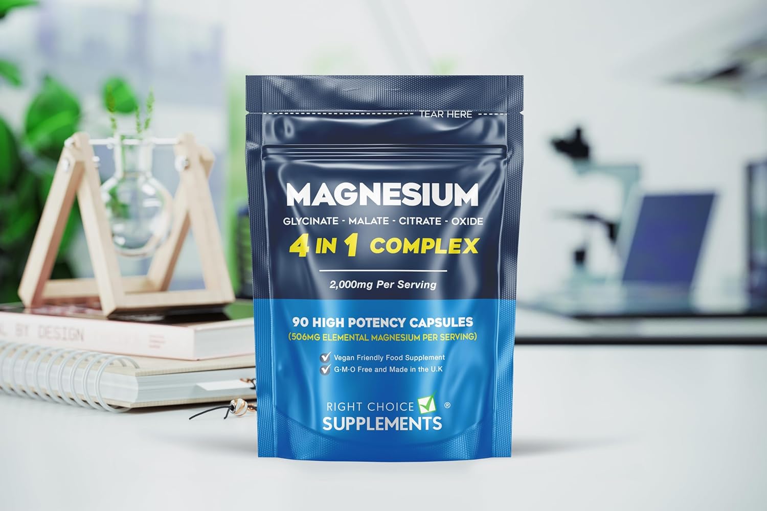 Magnesium Glycinate 4 in 1 Complex - 2000mg Bisglycinate, Malate, Citrate & Oxide Supplements - 90 High Potency Vegan Capsules Providing 506 Elemental Magnesium Per Serving - UK Made-3