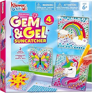 Klever Kits Suncatcher Craft Kit for Children, Arts and Crafts for Kids Age 6 7 8 9-12,Gem Diamond Painting Craft Kits,Girls Gifts,Window Gem Art Set,Birthday Presents(Sun+Unicorn+Butterfly+Rainbow)