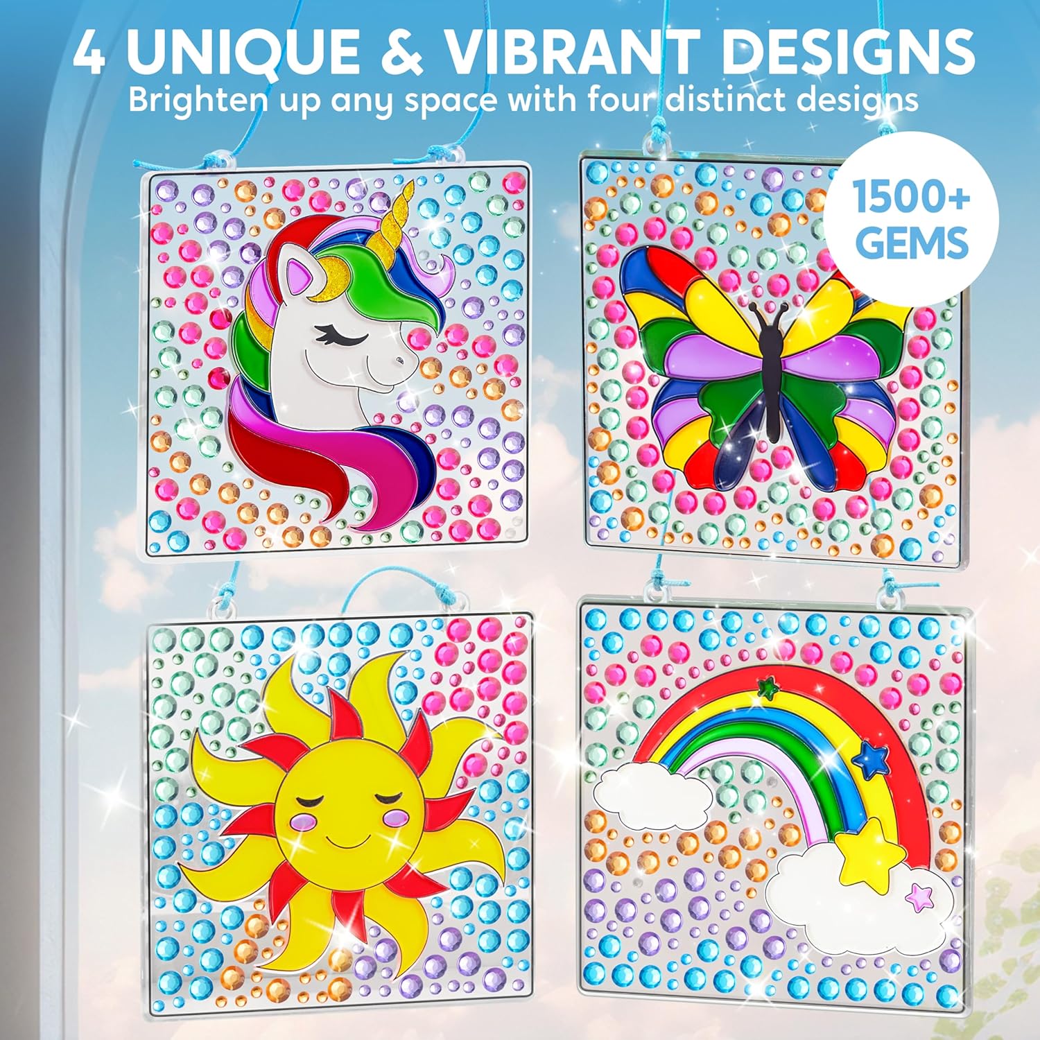 Klever Kits Suncatcher Craft Kit for Children, Arts and Crafts for Kids Age 6 7 8 9-12,Gem Diamond Painting Craft Kits,Girls Gifts,Window Gem Art Set,Birthday Presents(Sun+Unicorn+Butterfly+Rainbow)-1