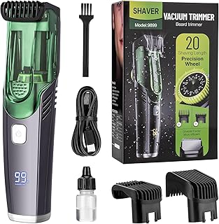 Vacuum Beard Trimmer for Men with 20 Length and Styles Adjustable, Built-in Vacuum Trimmer for Mustache, Sideburns, Facial Hair, Rechargeable Mustache Trimmer