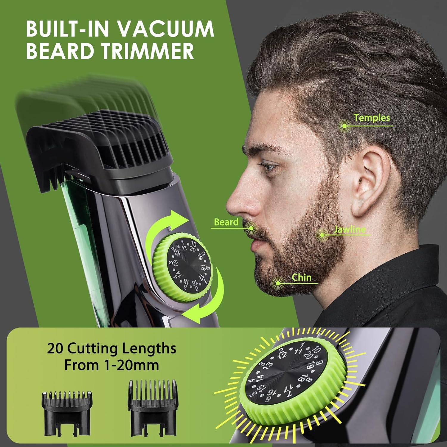 Vacuum Beard Trimmer for Men with 20 Length and Styles Adjustable, Built-in Vacuum Trimmer for Mustache, Sideburns, Facial Hair, Rechargeable Mustache Trimmer-4