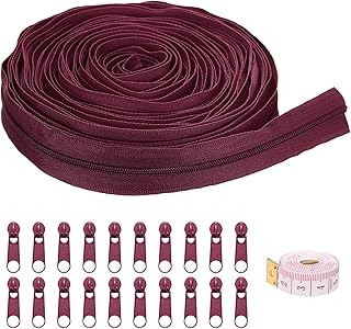 uxcell #3 10 Yards Nylon Coil Zippers, Bulk Coil Zipper by The Yards with 20 Pcs Zippers Sliders and Ruler for DIY Tailor Sewing Craft Bag Clothes, Wine Red