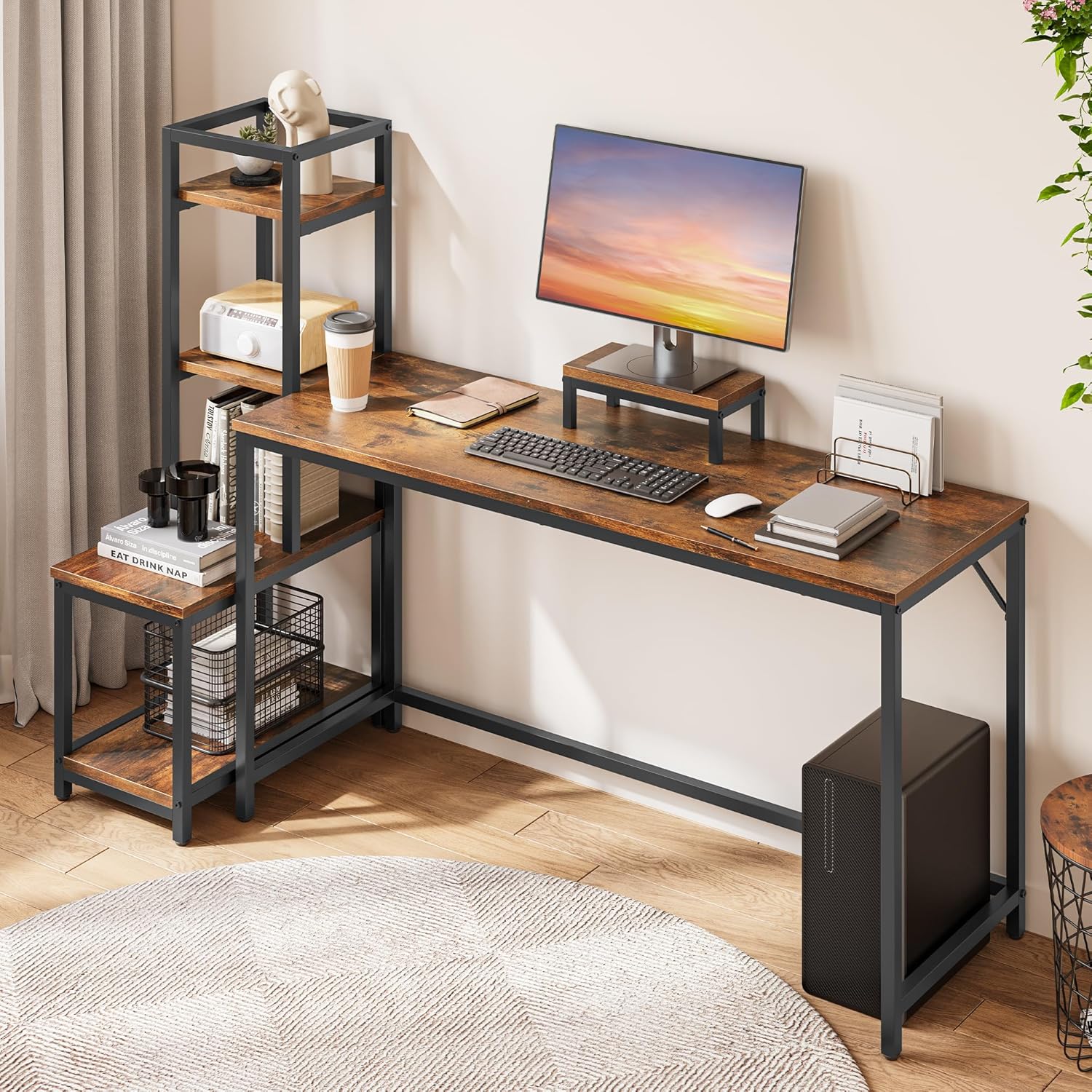 YITAHOME Computer Desk, Office Desk with 4-Tier DIY Storage Shelf, Multifunctional Writing Table for Home Office, Study, Living Room, 140 x 64 x 124cm-1