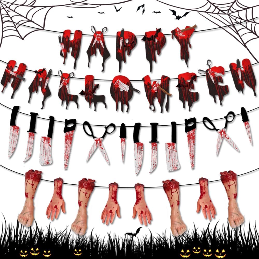 EYQ Halloween Decorations, Halloween Party Decorations, Hanging Halloween Decorations, Happy Halloween Banner, Hanging Knife Leg Hand Banner, Indoor Outdoor Home Decor Spooky Halloween Garland(B)-0