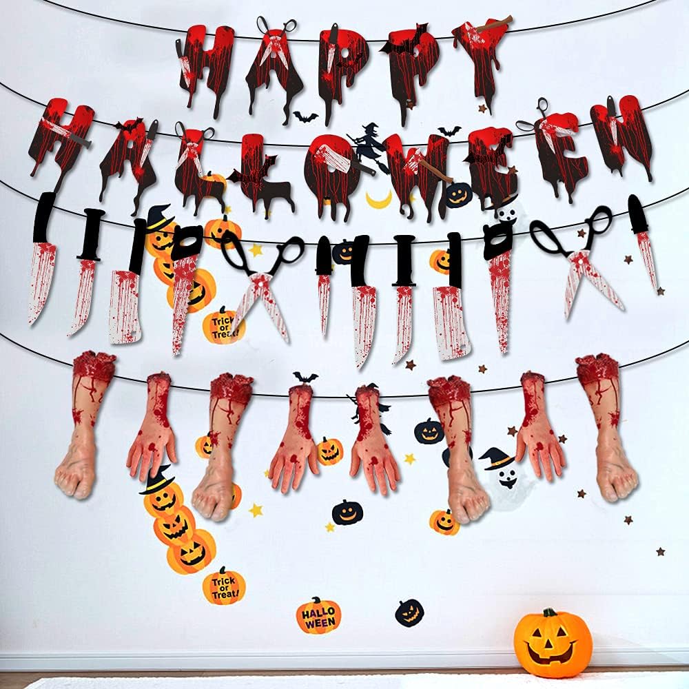 EYQ Halloween Decorations, Halloween Party Decorations, Hanging Halloween Decorations, Happy Halloween Banner, Hanging Knife Leg Hand Banner, Indoor Outdoor Home Decor Spooky Halloween Garland(B)-1