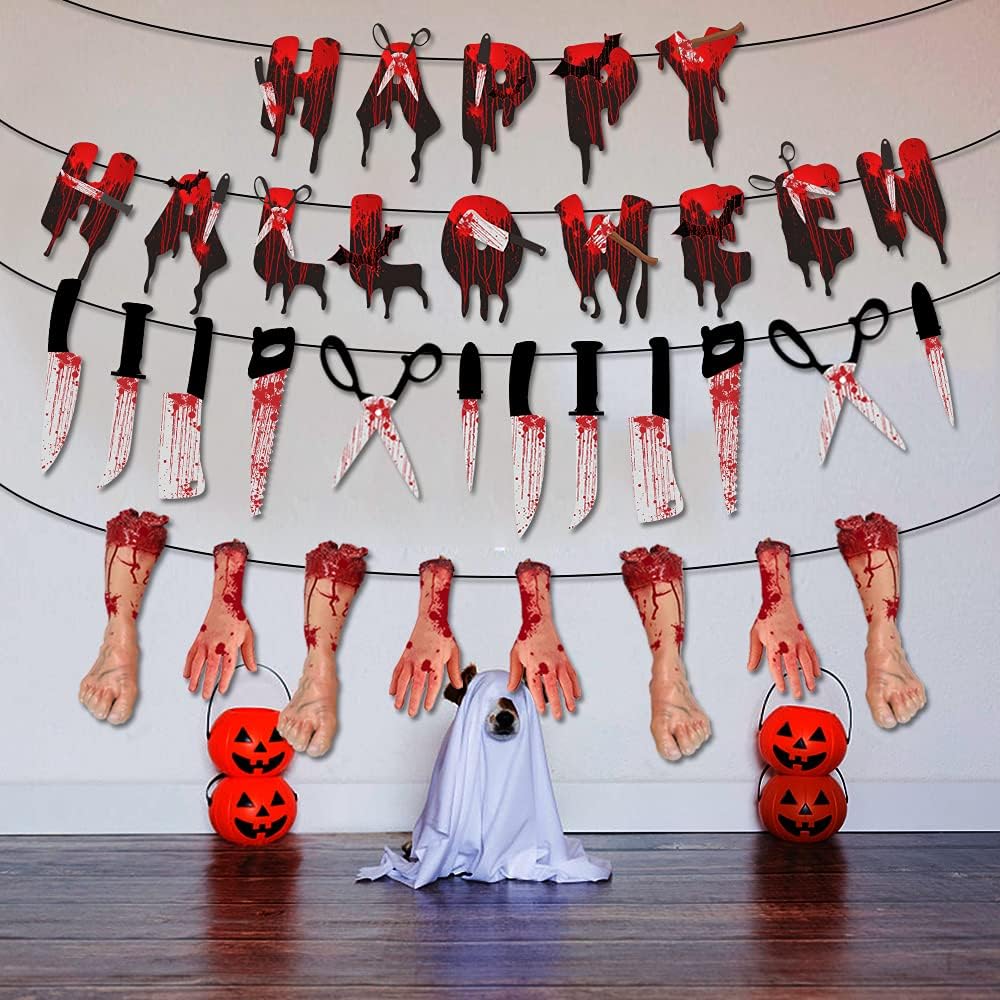 EYQ Halloween Decorations, Halloween Party Decorations, Hanging Halloween Decorations, Happy Halloween Banner, Hanging Knife Leg Hand Banner, Indoor Outdoor Home Decor Spooky Halloween Garland(B)-3