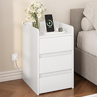 YITAHOME Bedside Table with 3 Drawers and Power Station, Modern Nightstand End Table, Water-Resistant Storage Side Table for Living Room and Bedroom, 35 x 40 x 59cm (White)