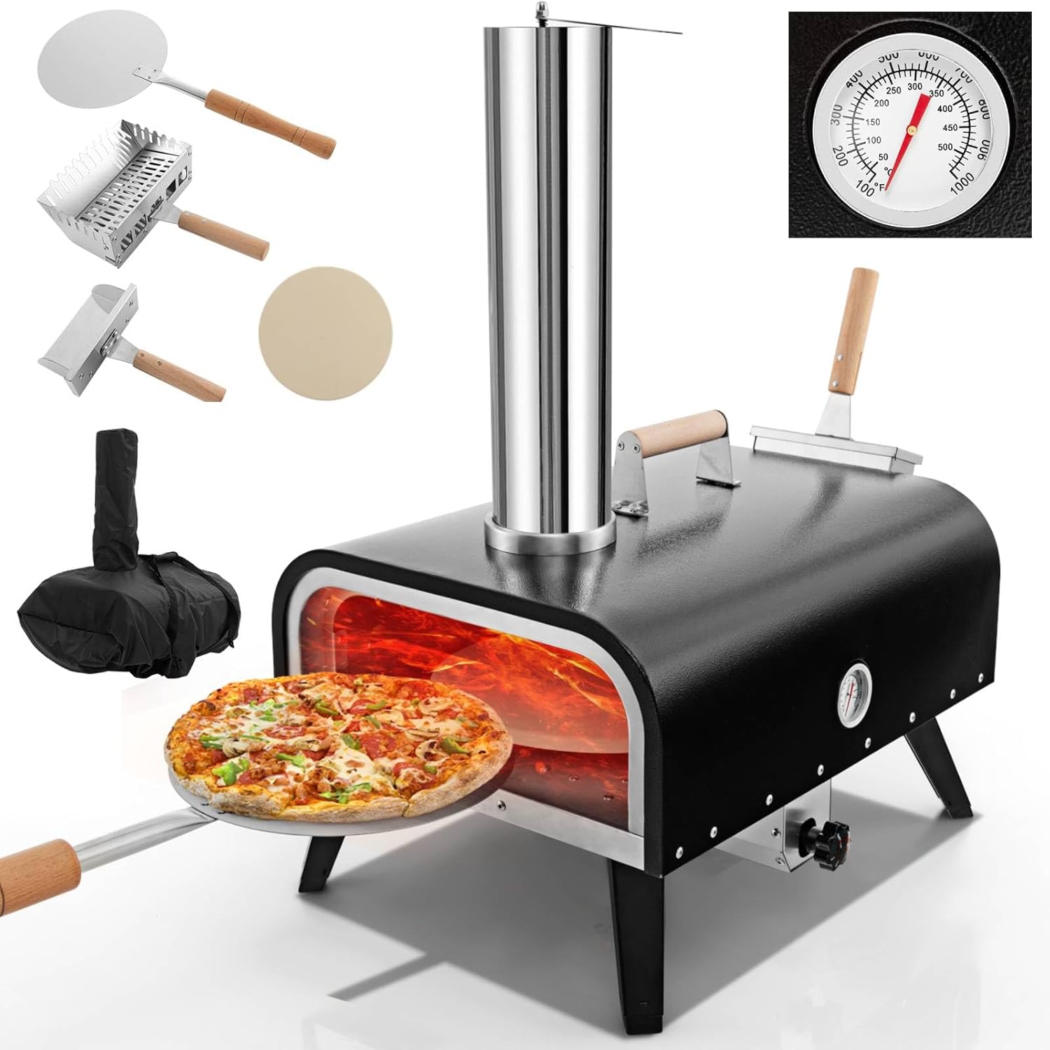 TANGZON Outdoor Pizza Oven, Wood Fired Pizza Oven with 30cm Rotatable Pizza Stone, Pizza Peel & Thermometer, Portable Stainless Steel Pizza Maker Oven with Carry Bag for Backyard Camping Party Cooking-0