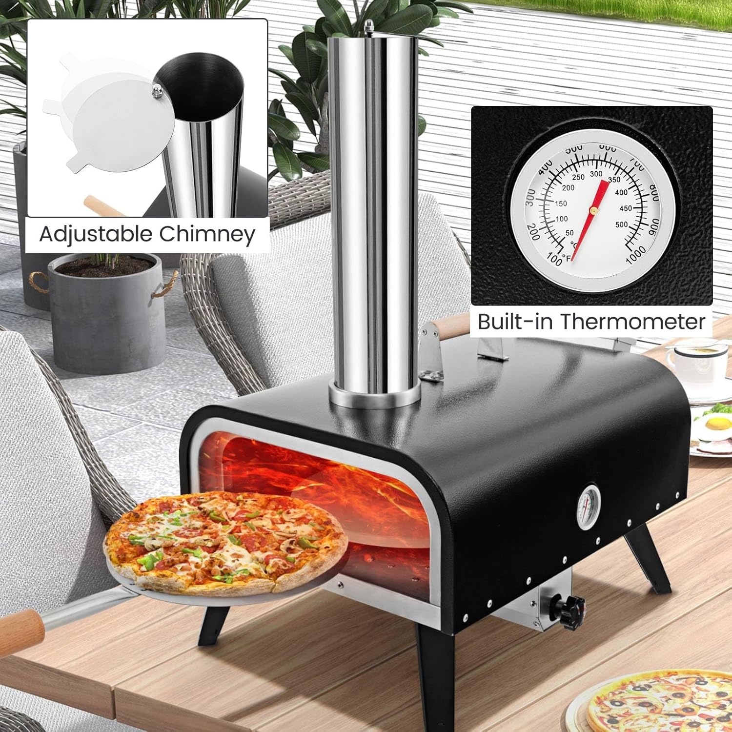 TANGZON Outdoor Pizza Oven, Wood Fired Pizza Oven with 30cm Rotatable Pizza Stone, Pizza Peel & Thermometer, Portable Stainless Steel Pizza Maker Oven with Carry Bag for Backyard Camping Party Cooking-3