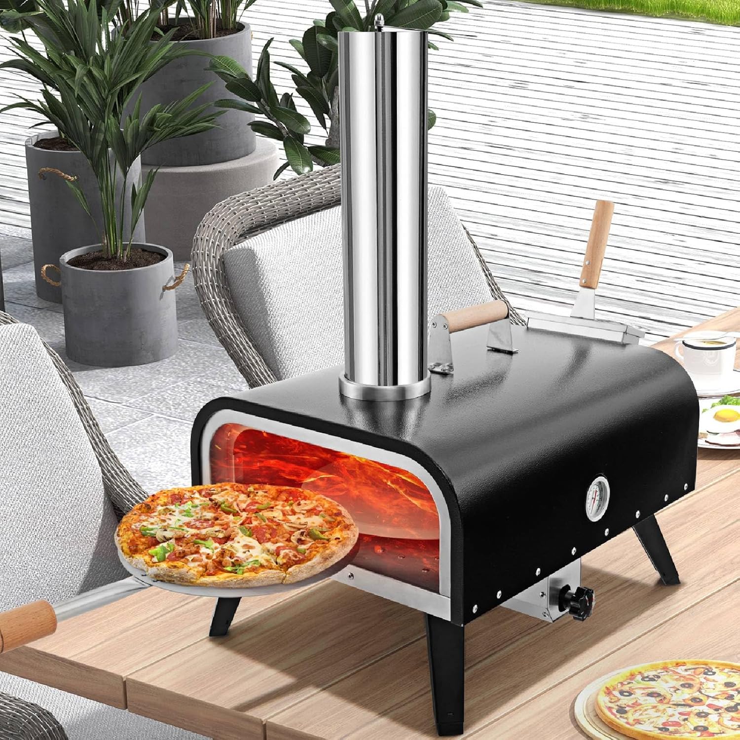 TANGZON Outdoor Pizza Oven, Wood Fired Pizza Oven with 30cm Rotatable Pizza Stone, Pizza Peel & Thermometer, Portable Stainless Steel Pizza Maker Oven with Carry Bag for Backyard Camping Party Cooking-6