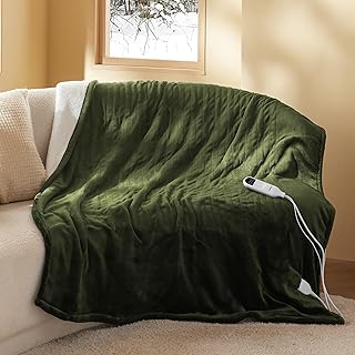 Bedsure Heated Throw Blanket - Soft Flannel Electric Blanket with 10 Time Settings, 6 Heat Settings, and 8-Hour Auto Shut Off (130x160cm, Olive Green)