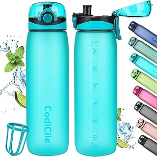 CodiCile Water Bottle 1L Tritan,BPA Free 1 Litre Water Bottle, Dishwasher Safe Sports Water Bottle, Leakproof Drinks Bottle with Time Marking and Filter for Running,Gym, School,Outdoors, Cyan