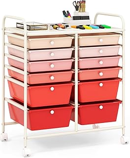 GiantexUK 4/6/12 Drawers Storage Trolley, Multipurpose Utility Rolling Cart on Wheels, Plastic Shelving Organizer Unit for Home Office Hairdressing Salon (Gradient Pink, 12 Drawers)