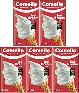 Comelle Ice Cream Mix Vanilla Soft Serve 1L Pack of 5 Instant Ready to Freeze UHT Long Life Dairy Skimmed Milk Sundea Mouse Dessert Shake with Welari Thank You Card | (5pack) (5L)