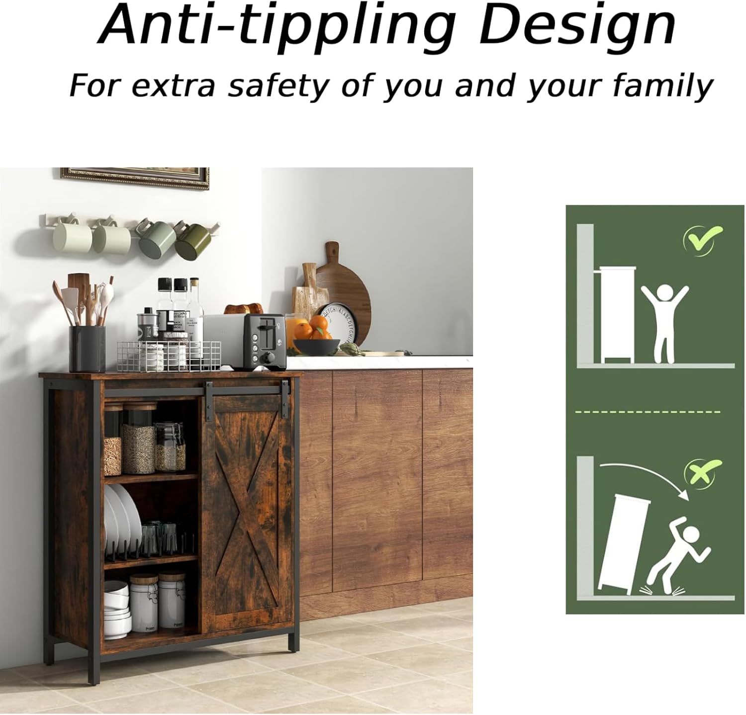 GiantexUK Buffet Sideboard, Wooden Kitchen Storage Cabinet with 3-position Adjustable Shelves, Sliding Barn Doors & Anti-toppling Device, Industrial Display Cupboard Organizer Unit for Living Room-4