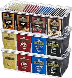 Lifewit Tea Bag Organiser, Teabag Storage Box, Coffee Bag Holder for Kitchen Cabinets, Countertops, Pantry, Coffee Pods, Sugar Packets, Condiments, 3 Pack Plastic Stackable Divided Container