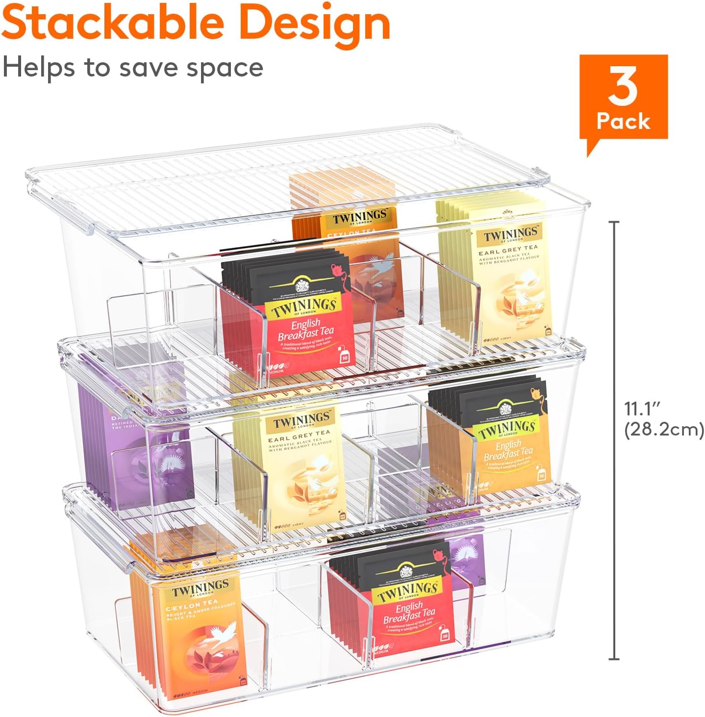 Lifewit Tea Bag Organiser, Teabag Storage Box, Coffee Bag Holder for Kitchen Cabinets, Countertops, Pantry, Coffee Pods, Sugar Packets, Condiments, 3 Pack Plastic Stackable Divided Container-2