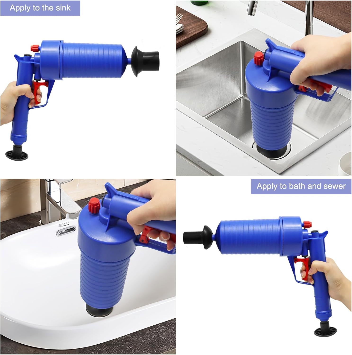 Viceda High Pressure Air Pump Drain Unblocker,with Powerful 4-Sucker Toilet Plunger - Heavy Duty Sewer Dredge Cleaning Tool for Kitchen, Shower, Bathtub - Versatile Sink Plunger with Multiple Uses-5