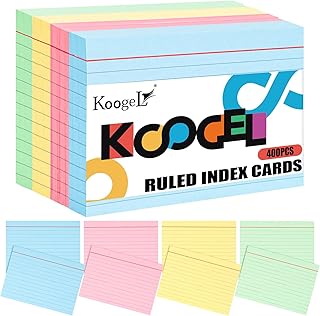 Koogel 400 Sheets A6 Index Cards, 10.5 x 15 cm Flash Cards Ruled Note Cards Lined Revision Cards Multi-Coloured Study Cards for School Learning Office