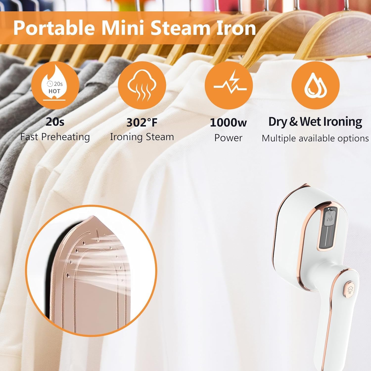 Mini Steam Iron - Portable Iron Machine 20s Fast Heat Up Ceramic Soleplat, 180° Rotatable Folding Micro Steamer Iron Support Dry and Wet Ironing for Home and Travel（White）-1