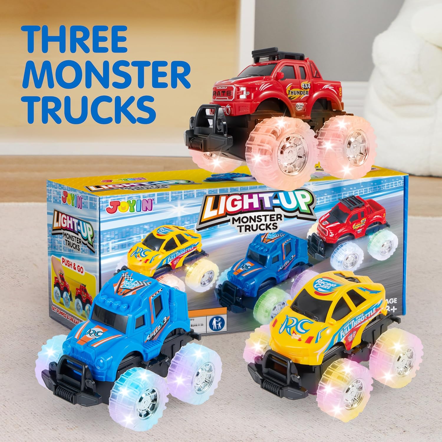 JOYIN 3 Pack Light Up Monster Trucks for Boys and Girls - Motion Activated Light-Up Cars for Toddlers - Monster Truck with Lightning Wheels - Baby Toy Gift - Toy Truck for Boys Girls Kids-3