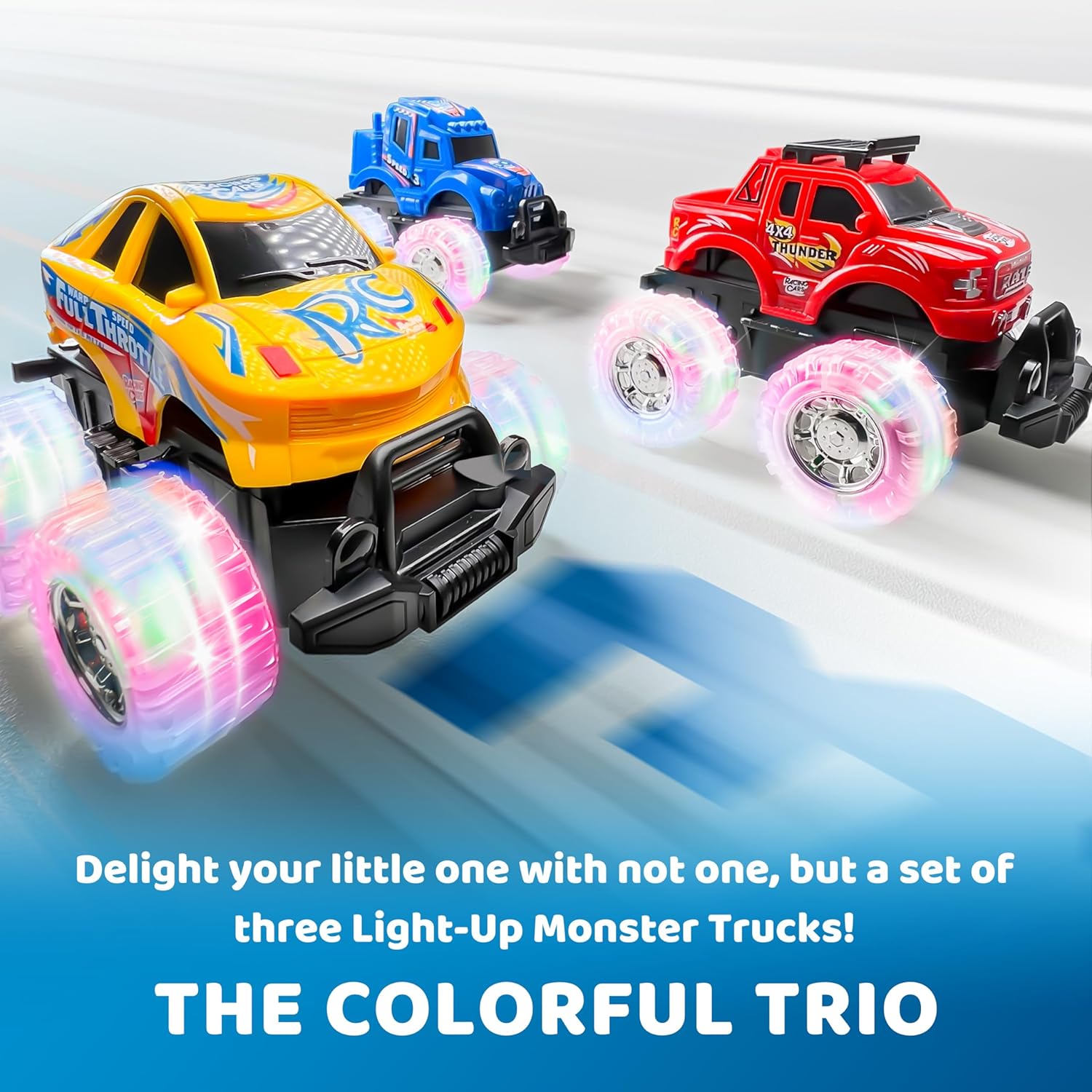 JOYIN 3 Pack Light Up Monster Trucks for Boys and Girls - Motion Activated Light-Up Cars for Toddlers - Monster Truck with Lightning Wheels - Baby Toy Gift - Toy Truck for Boys Girls Kids-5