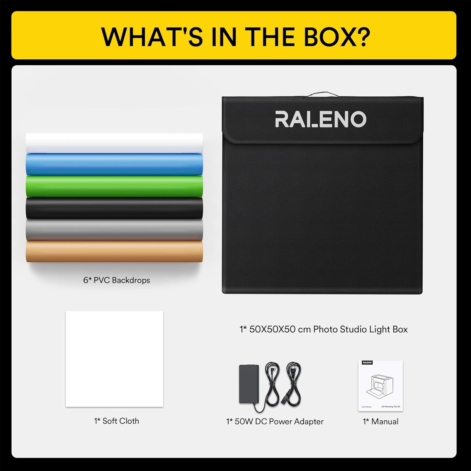 RALENO Light Box, 20''x20'' Photo Box, Light Box Photography, Photo Studio Light Box (120 LEDs, 5500K, 97CRI, 50W, 6 Color PVC Backdrops) for Still Life Photography, Model: PKL-D550-7