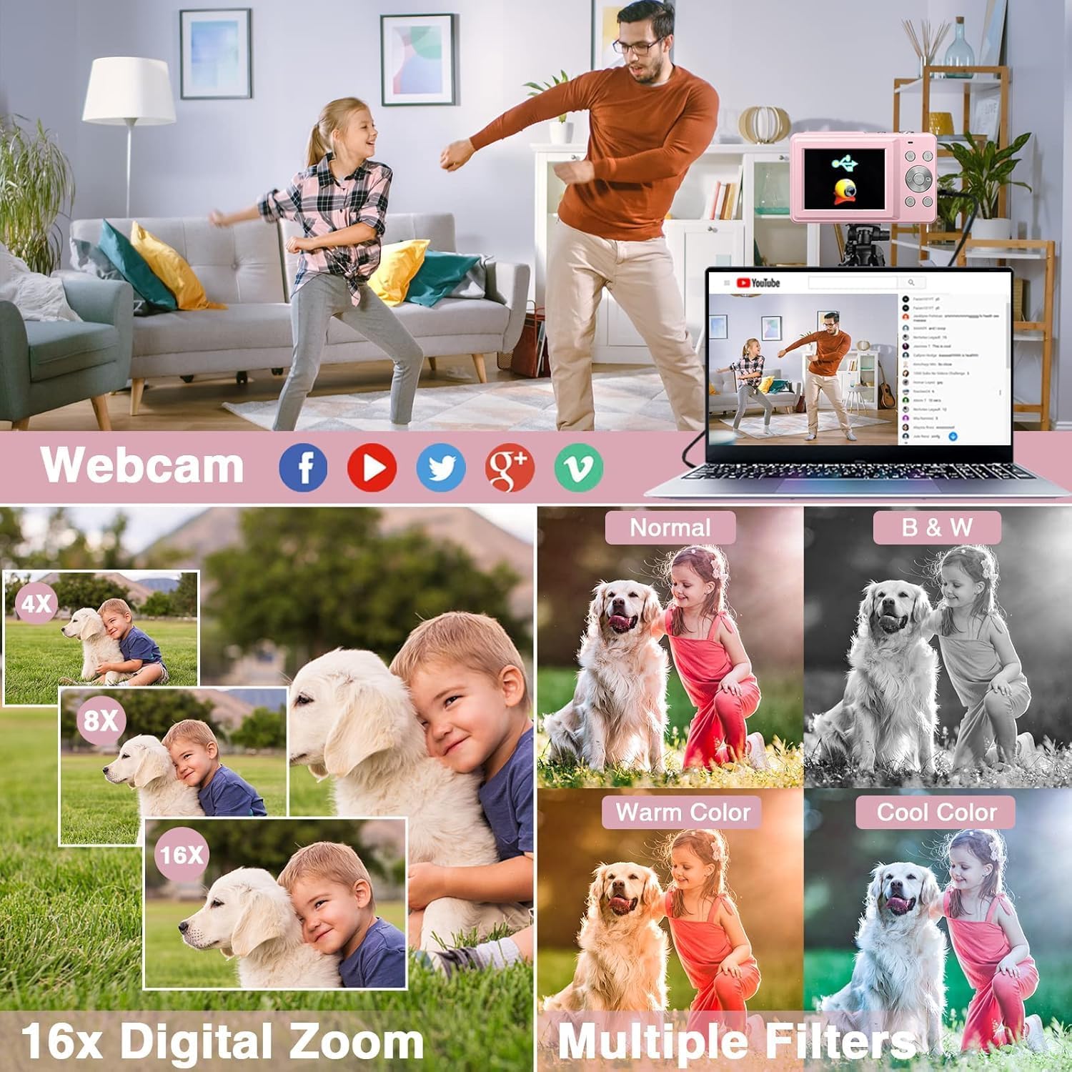 CAMKORY Digital Camera FHD 1080P 44MP Compact Camera 16X Digital Zoom Camera Small Easy to Use Selfie with 2 Batteries for Children Beginners Girls-3