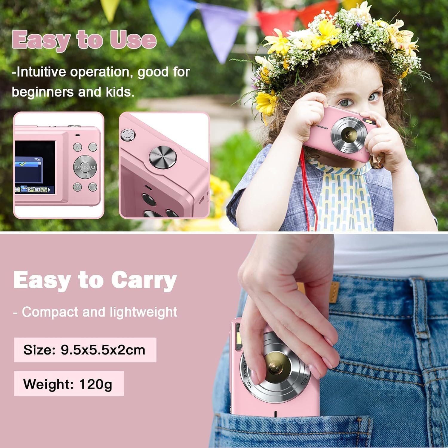 CAMKORY Digital Camera FHD 1080P 44MP Compact Camera 16X Digital Zoom Camera Small Easy to Use Selfie with 2 Batteries for Children Beginners Girls-5