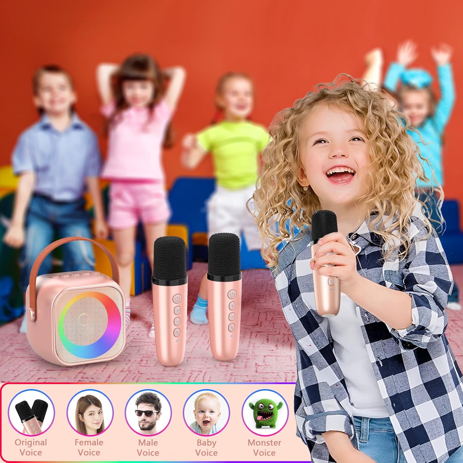 YunLone Karaoke Machine for Kids Adults, Mini Portable Bluetooth Karaoke Speaker with 2 Wireless Microphone and Lights, Birthday Gifts for Girls Ages 4, 5, 6, 7, 8, 9, 10, 12+ Family Home Party-2