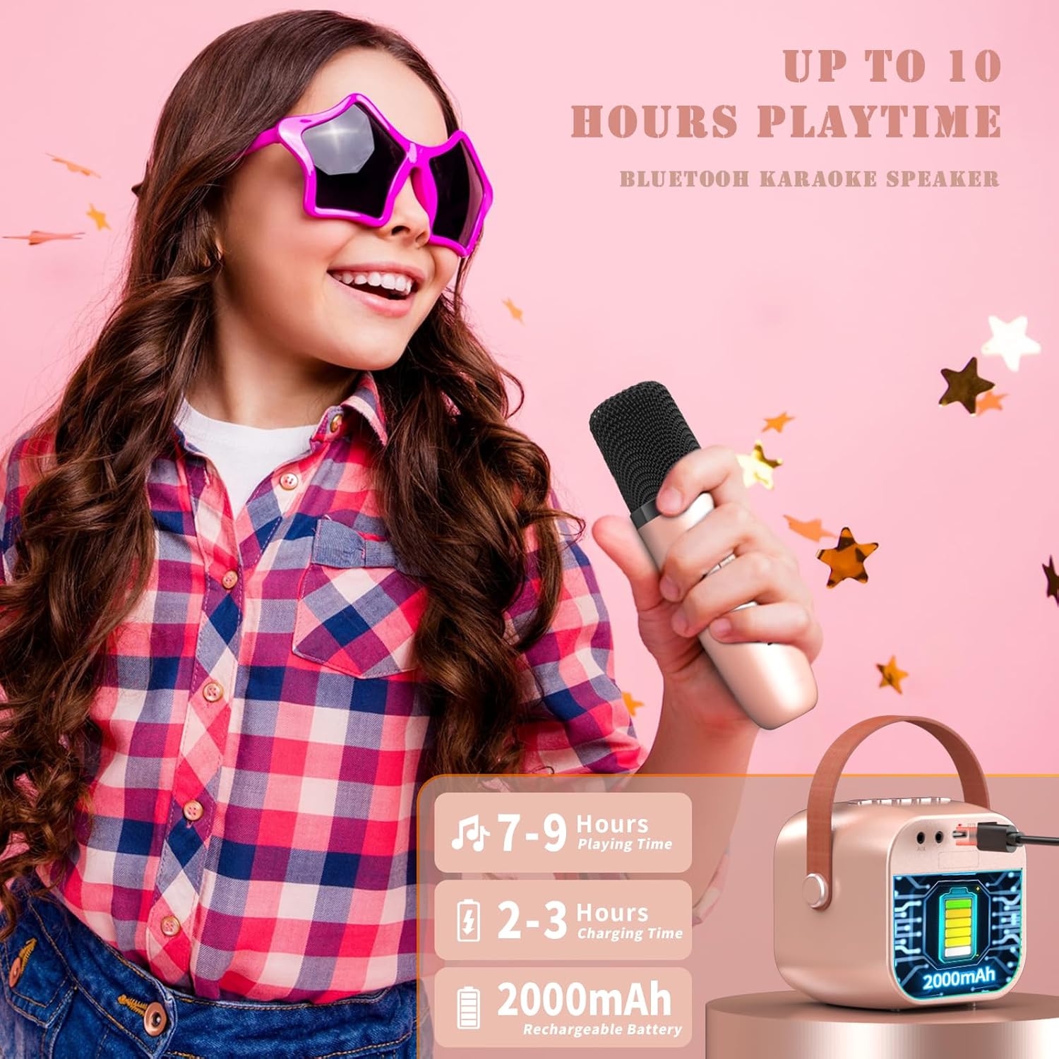 YunLone Karaoke Machine for Kids Adults, Mini Portable Bluetooth Karaoke Speaker with 2 Wireless Microphone and Lights, Birthday Gifts for Girls Ages 4, 5, 6, 7, 8, 9, 10, 12+ Family Home Party-4