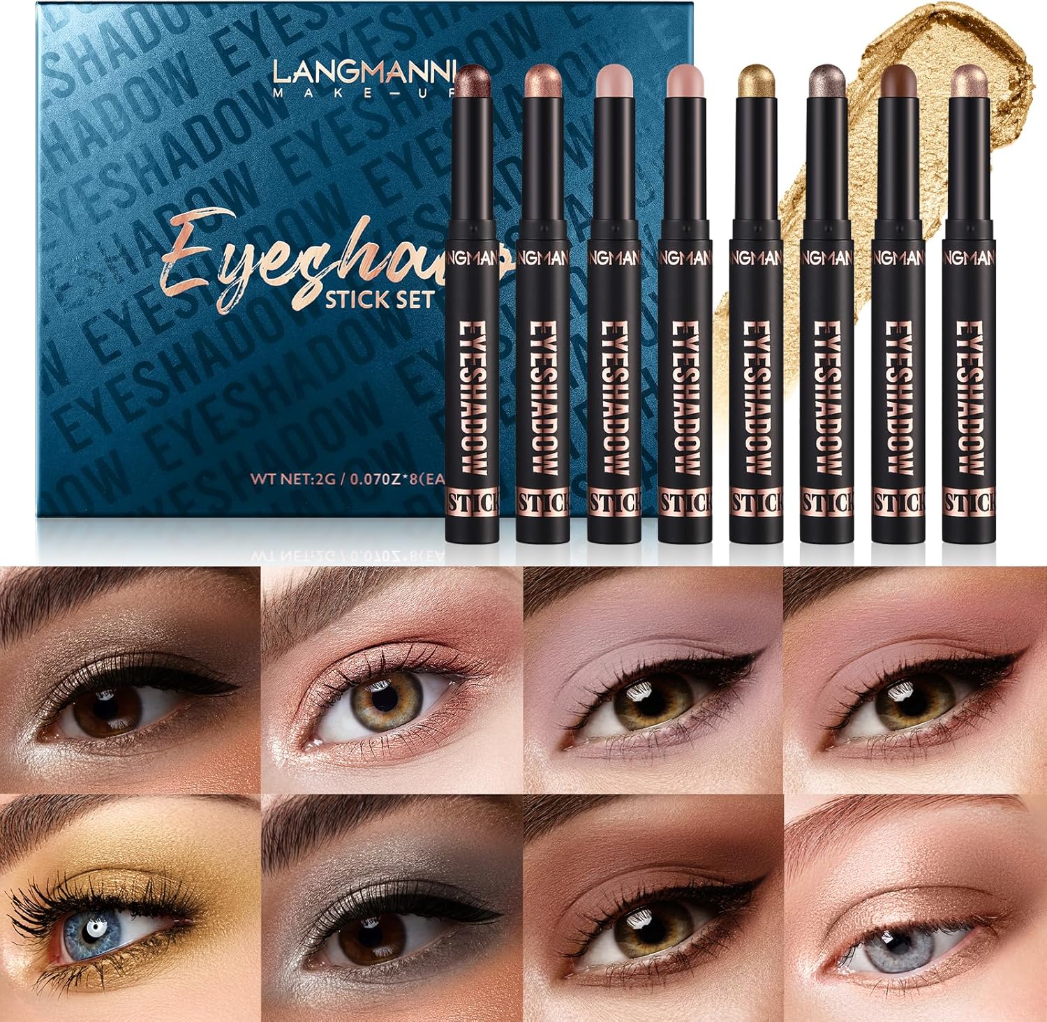 LANGMANNI 8Pcs Eyeshadow Stick Gift Set,Soft Smooth Cream With Matte Earth & Metal Colors, Waterproof & Long-Lasting, Beauty & Personal Care Eye Shadow Stick For Daily Makeup & Special Occasions (#B)-1