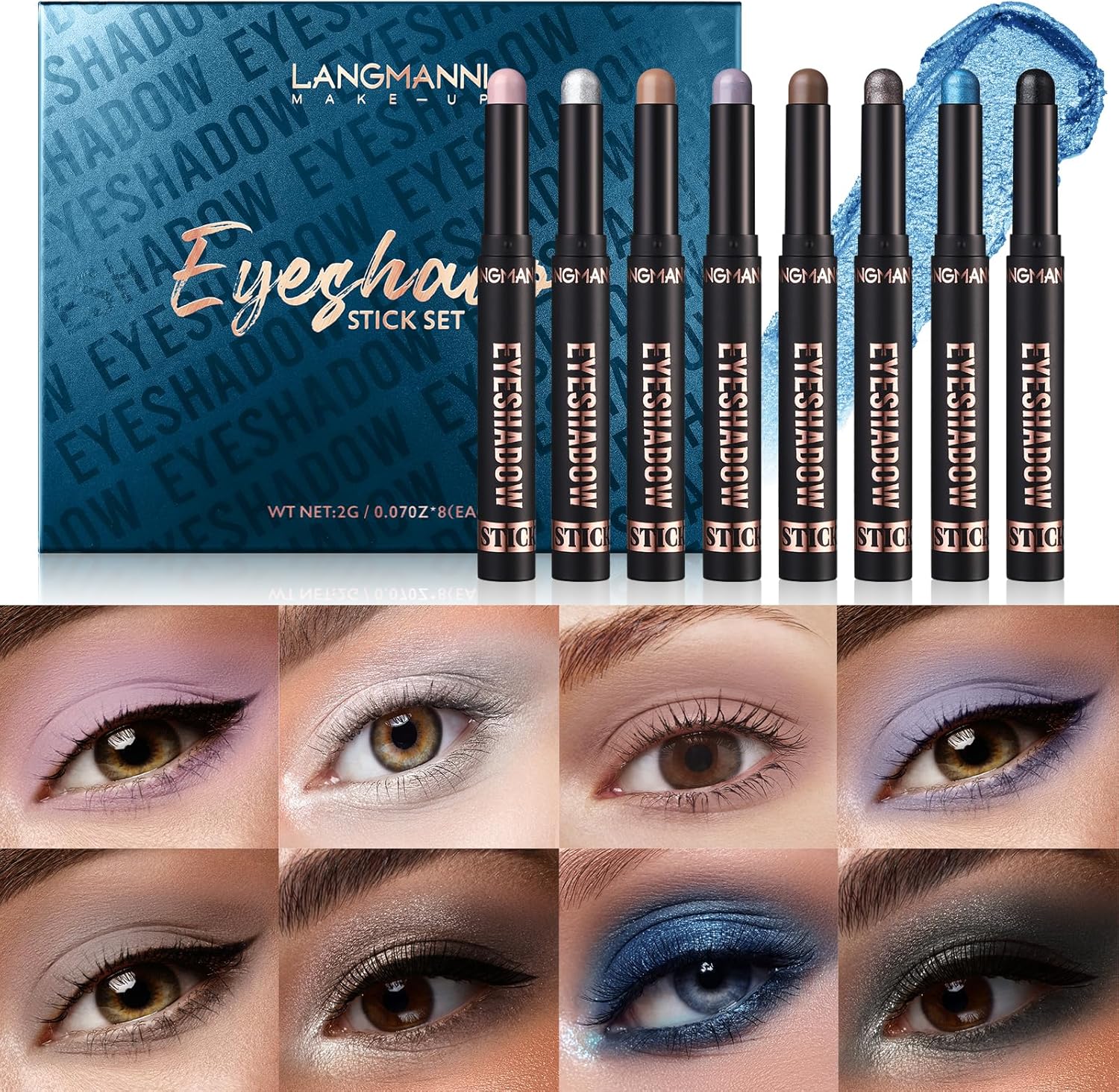 LANGMANNI 8Pcs Eyeshadow Stick Gift Set,Soft Smooth Cream With Matte Earth & Metal Colors, Waterproof & Long-Lasting, Beauty & Personal Care Eye Shadow Stick For Daily Makeup & Special Occasions (#C)-1