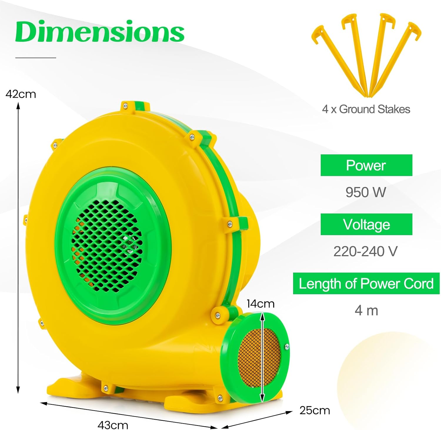 GYMAX Air Blower, Inflatable Bouncy Castle Blower with Ground Stakes, Electric Air Pump Fan for Bounce House and Water Slide-4