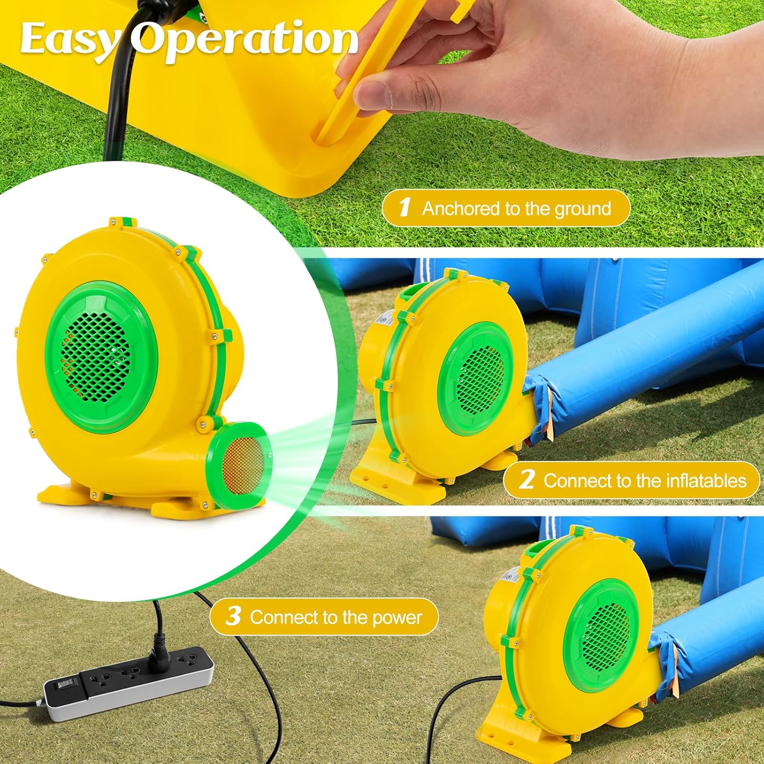 GYMAX Air Blower, Inflatable Bouncy Castle Blower with Ground Stakes, Electric Air Pump Fan for Bounce House and Water Slide-6