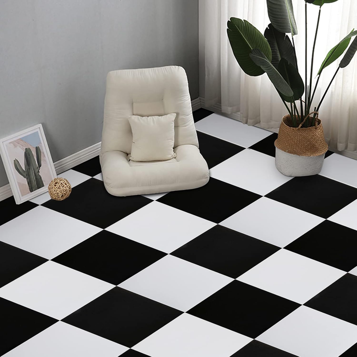 Self Adhesive Floor Tile Vinyl Flooring Peel and Stick for Kitchen Bathroom Living Room Bedroom Waterproof White Black Lino Flooring 30X30cm 20pcs-0