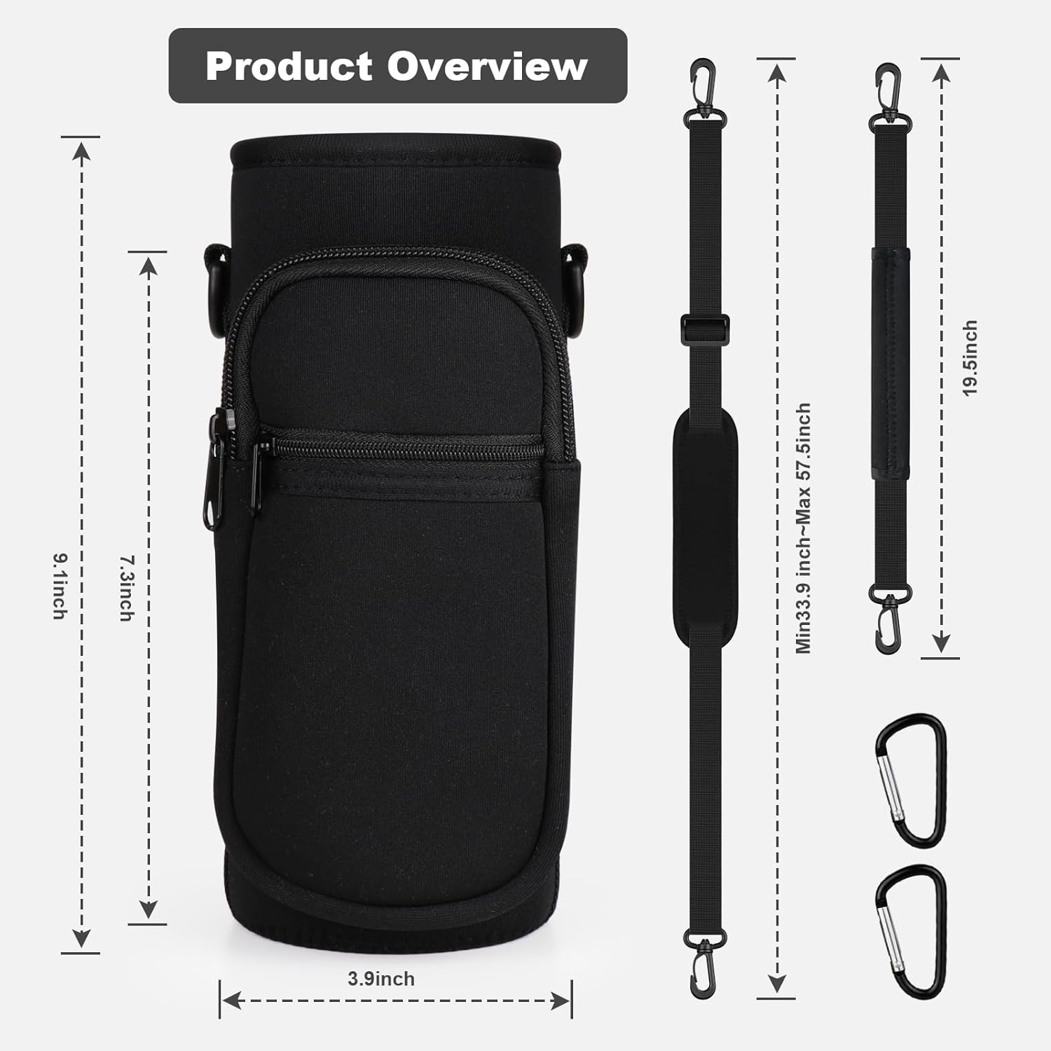 EYQ Water Bottle Carrier Bag with Adjustable Shoulder Strap, 25oz/32oz Bottle Pouch Holder 2 Pocket, Insulated Water Bottle Holder, Sports Water Bottle Accessories for Hiking Travelling Camping(Black)-1