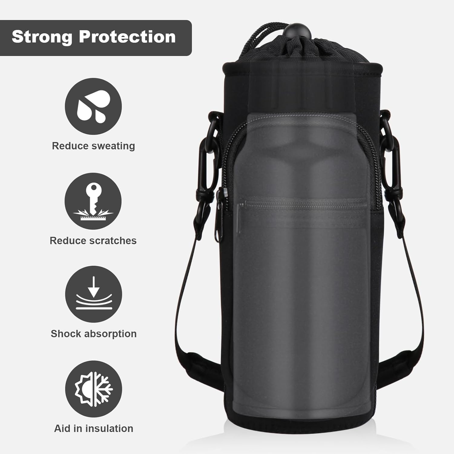 EYQ Water Bottle Carrier Bag with Adjustable Shoulder Strap, 25oz/32oz Bottle Pouch Holder 2 Pocket, Insulated Water Bottle Holder, Sports Water Bottle Accessories for Hiking Travelling Camping(Black)-3