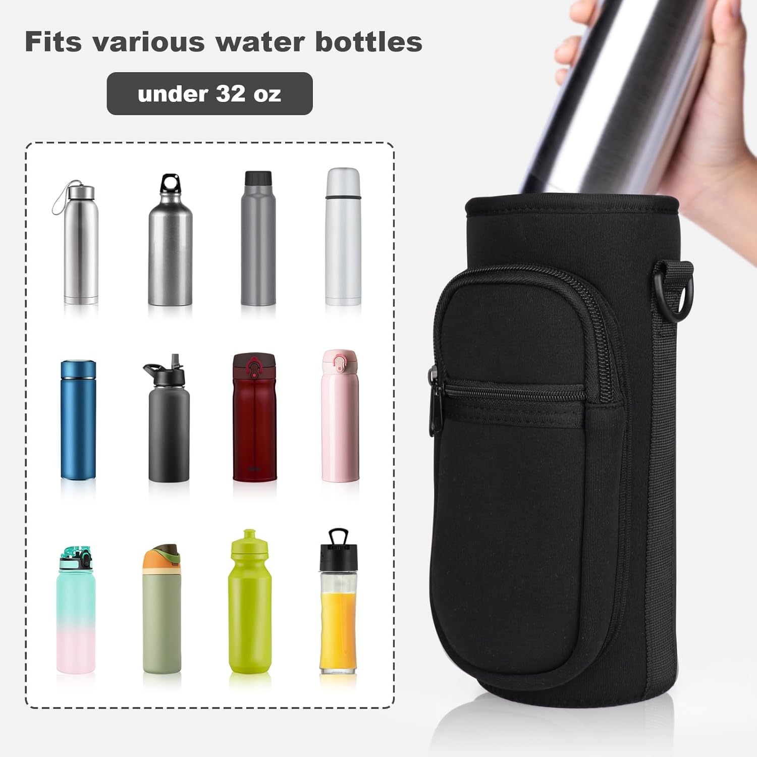 EYQ Water Bottle Carrier Bag with Adjustable Shoulder Strap, 25oz/32oz Bottle Pouch Holder 2 Pocket, Insulated Water Bottle Holder, Sports Water Bottle Accessories for Hiking Travelling Camping(Black)-4